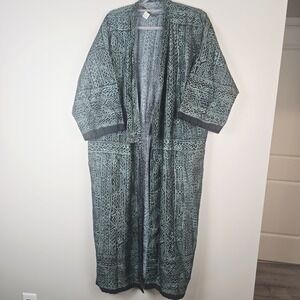 Peruvian Connection Pima Cotton Tribal Belted Kimono Robe Black/Green Medium.A74